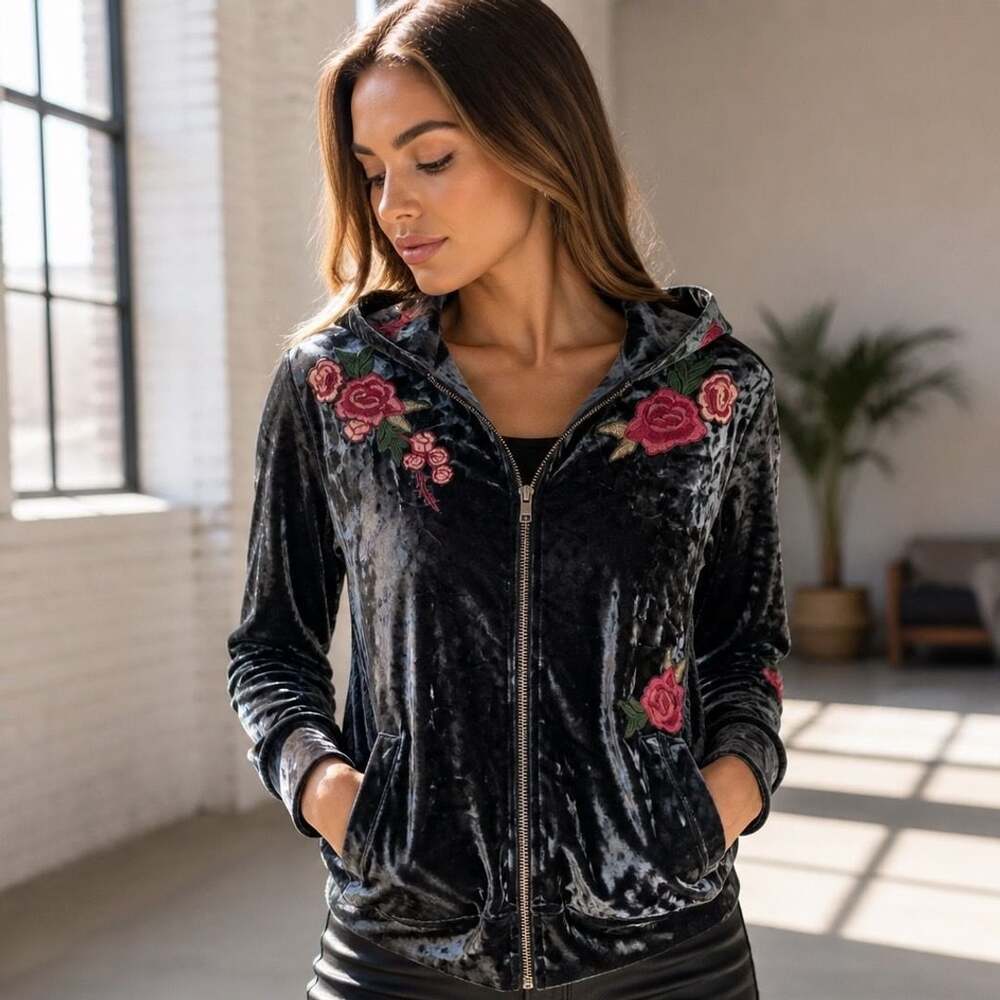 STANDARD GRACE Grey Crushed Velvet Floral Embroidered Zip Hoodie Size S